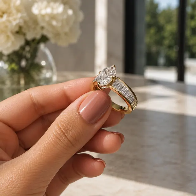 Dutch Marquise Lab Grown Diamond Engagement Ring Channel Set Baguette 14K Gold IGI Certified - alternate view