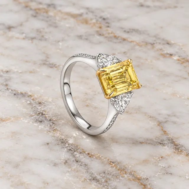 Yellow Lab Grown Diamond Engagement Ring Emerald Cut Three Stone Platinum IGI Certified Fancy Yellow - alternate view