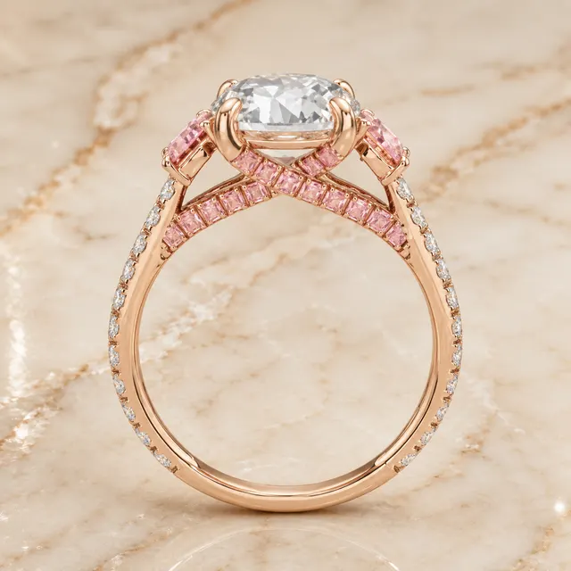 Round Lab Grown Diamond Engagement Ring Three Stone 14K Rose Gold Pink Diamond Side Stones - alternate view
