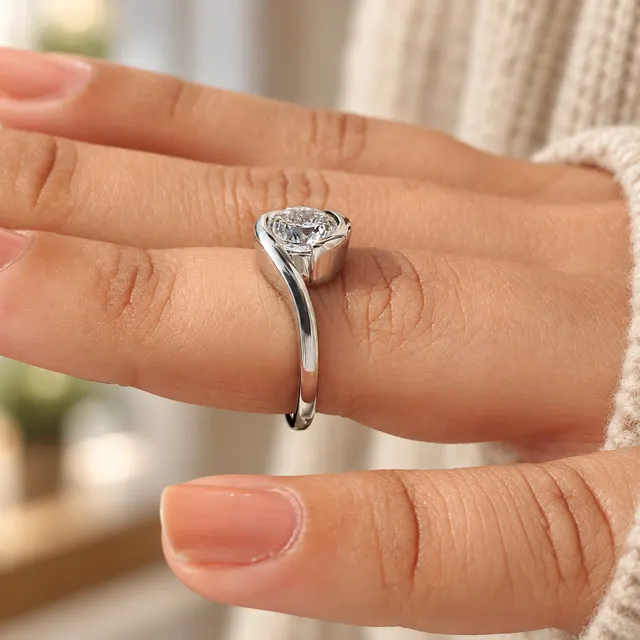 Portuguese Cut Lab Grown Diamond Engagement Ring Half Bezel Bypass 14K White Gold IGI Certified 1 Carat - alternate view
