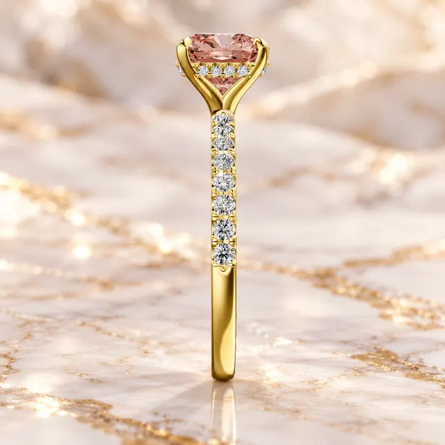 Pink Cushion Cut Lab Grown Diamond Ring, 14K Yellow Gold Pave Band (IGI Certified) - alternate view