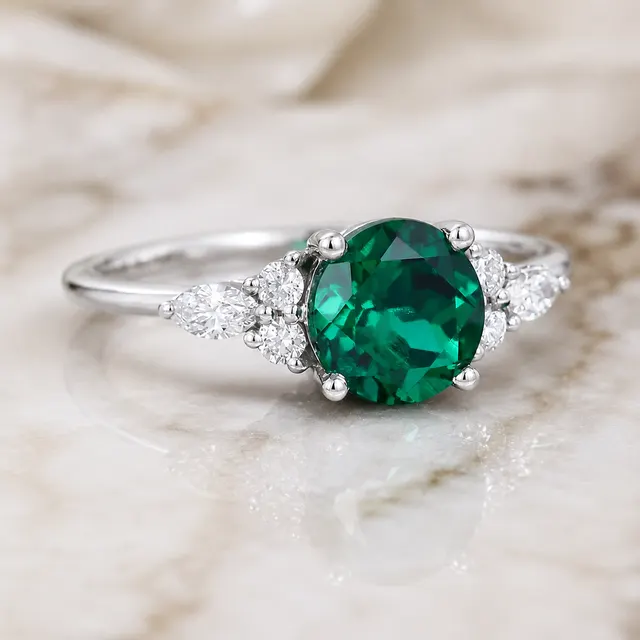 Round Lab Grown Emerald Engagement Ring Classic Solitaire 14K White Gold Green Center Stone - alternate view