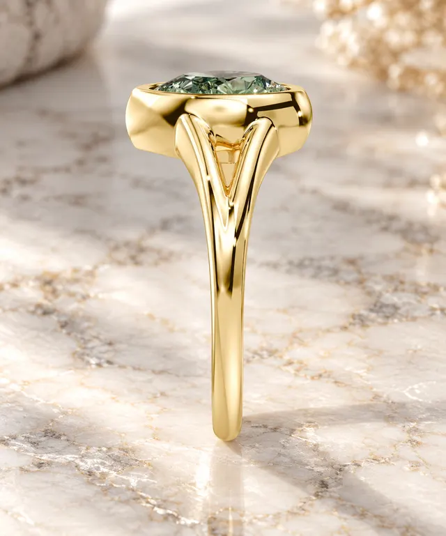 Pear Green Lab Diamond Engagement Ring, 14K Yellow Gold Bezel Split Shank - alternate view
