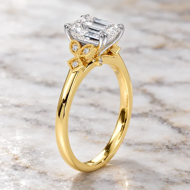 Emerald Cut Lab Grown Diamond Engagement Ring Vintage Milgrain 14K Two Tone Gold Accent Diamond Shoulders - alternate view