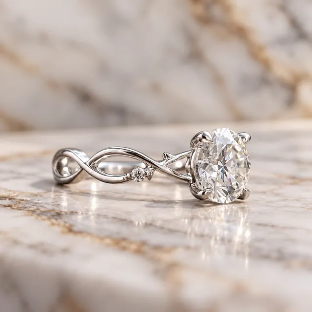 Round Engagement Ring Twisted Vine Shank 14K White Gold Colorless VVS2 - alternate view