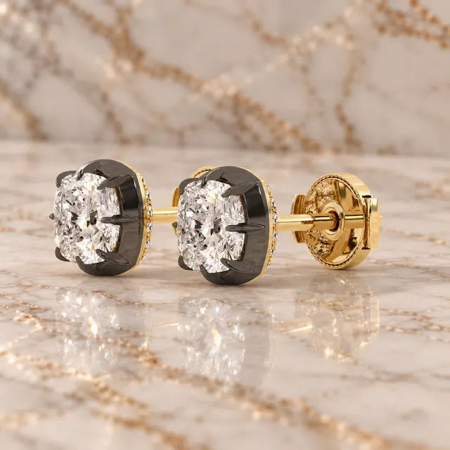 Cushion Lab Grown Diamond Stud Earrings Prong 14K Black Rhodium Gold IGI Certified