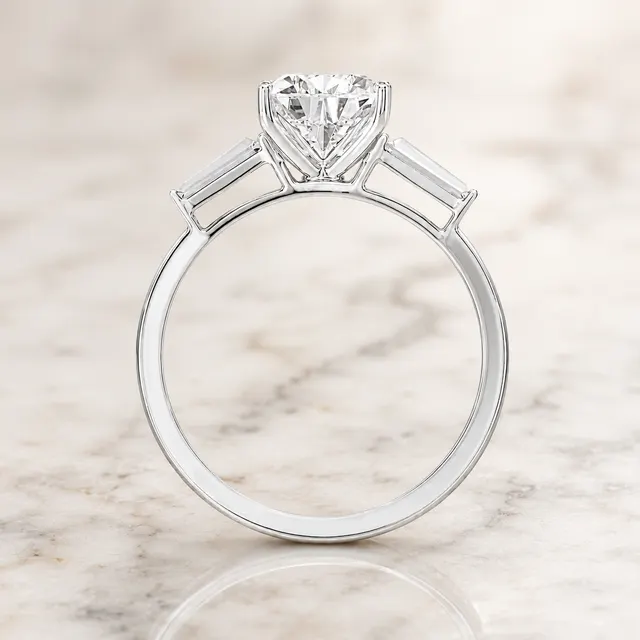 Pear Cut Lab Grown Diamond Engagement Ring Three Stone 14K Yellow Gold Tapered Baguette Side Stones - alternate view