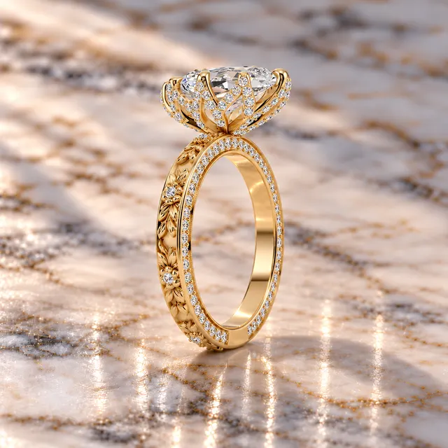 Dutch Marquise Lab Grown Diamond Engagement Ring Floral Vintage 14K Yellow Gold IGI Certified Solitaire - alternate view
