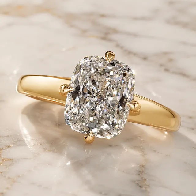 Cushion Cut Lab Grown Diamond Engagement Ring Four Prong Solitaire 14K Yellow Gold E VVS2 Elongated