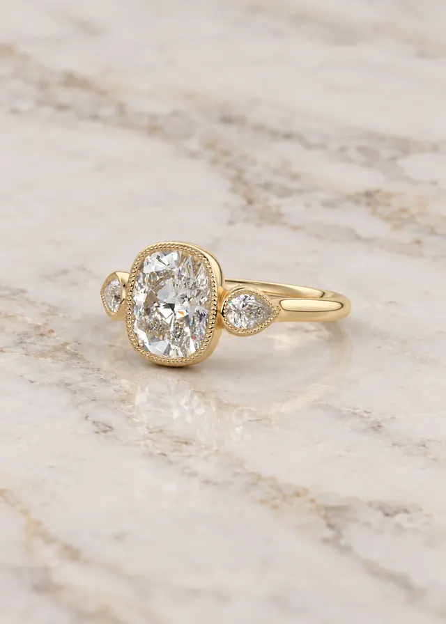 Cushion Lab Grown Diamond Engagement Ring Three Stone Pear Accent 14K Rose Gold Bezel Milgrain Setting - alternate view