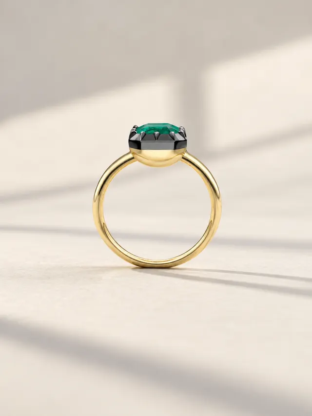 Emerald Cut Natural Emerald Ring Georgian Cut-Down 18K Blackened White & Yellow Gold - alternate view