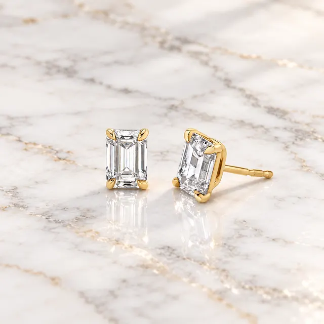 Emerald Cut Lab Grown Diamond Stud Earrings 14K Yellow Gold IGI Certified Studs - alternate view