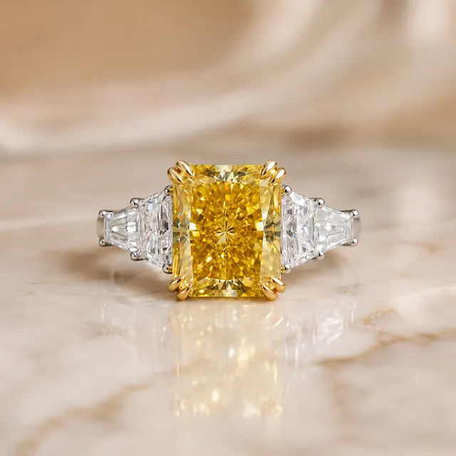 Canary Yellow Radiant Engagement Ring  Five Stone 14K Yellow Gold –VVS2 Trapezoid Baguette Sides