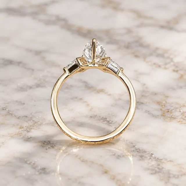 Pear Lab Grown Diamond Engagement Ring Three Stone Kite Side 14K Yellow Gold IGI Certified - alternate view