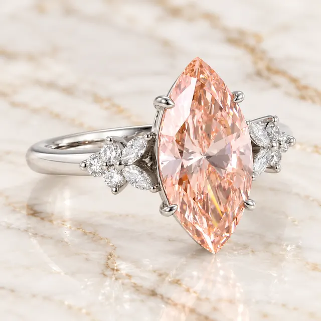 Pink Marquise Lab Grown Diamond Engagement Ring Petal Cluster 14K White Gold IGI Certified 3 Carat - alternate view