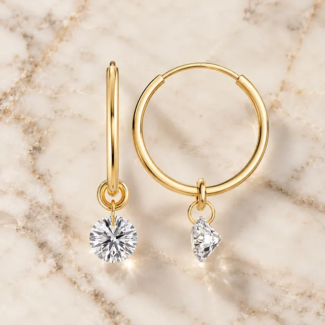Lab Diamond Hoop Earrings Round Dangle Drop 14K Yellow Gold IGI Certified - alternate view