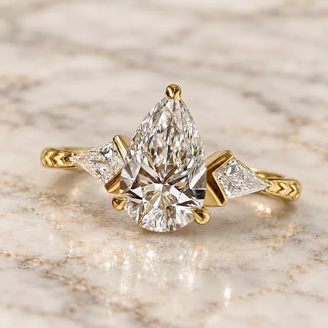 Pear Lab Grown Diamond Engagement Ring Three Stone Kite Side 14K Yellow Gold IGI Certified