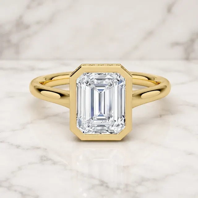 Emerald Cut Lab Grown Diamond Engagement Ring Bezel Hidden Halo 14K Yellow Gold Split Shank