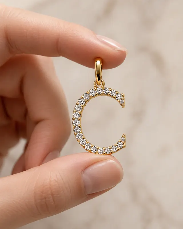 Letter C Initial Lab Grown Diamond Pendant Necklace Pavé 14K Yellow Gold – Round E for Her - alternate view