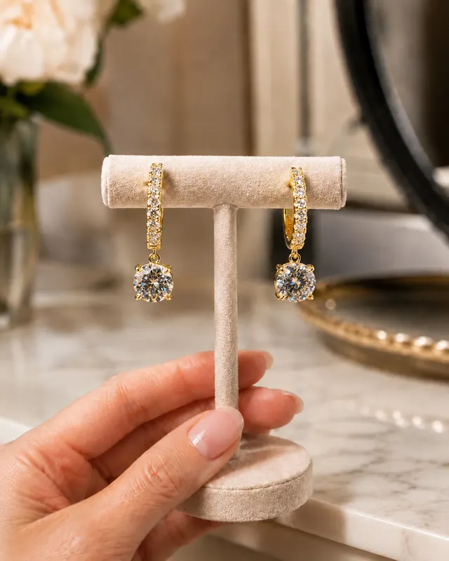 Round Lab Grown Diamond Drop Hoop Earrings Pavé Dangle 14K Yellow Gold 2ct E Color VVS2 - alternate view