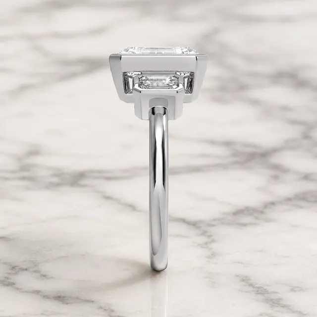 Emerald Cut Lab Grown Diamond Engagement Ring Three Stone Bezel 14K White Gold Modern Design - alternate view