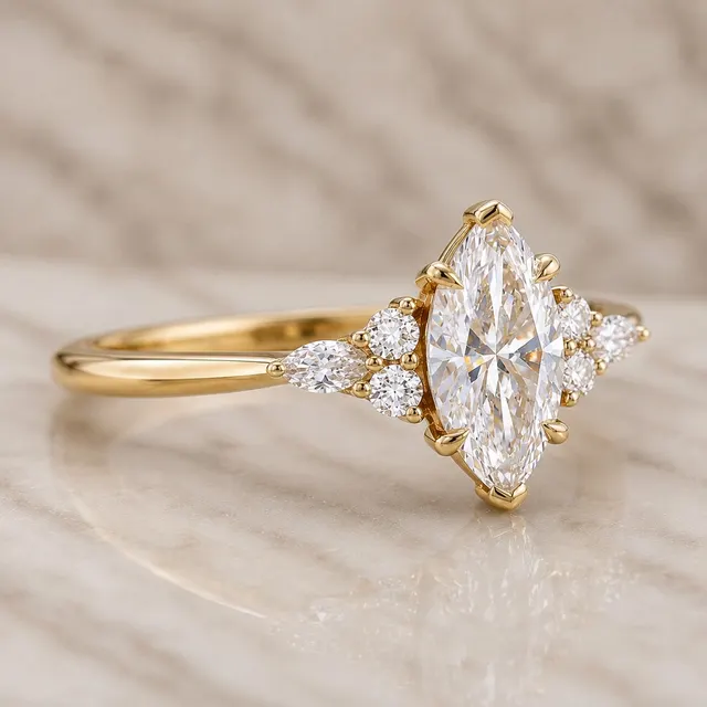 Marquise Lab Grown Diamond Engagement Ring Side Stone 14K White Gold 1 Carat Center Stone - alternate view