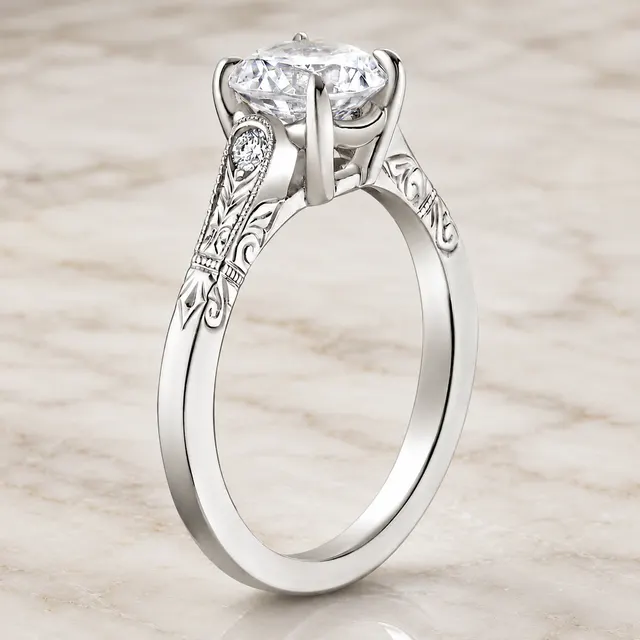 Round Lab Grown Diamond Engagement Ring Vintage Solitaire 14K White Gold Hand-Engraved Accent Setting - alternate view