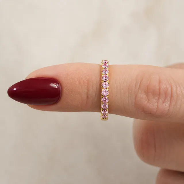 Pink Round Lab Grown Diamond Wedding Band Pave 14K Yellow Gold Stackable Ring for Her - alternate view