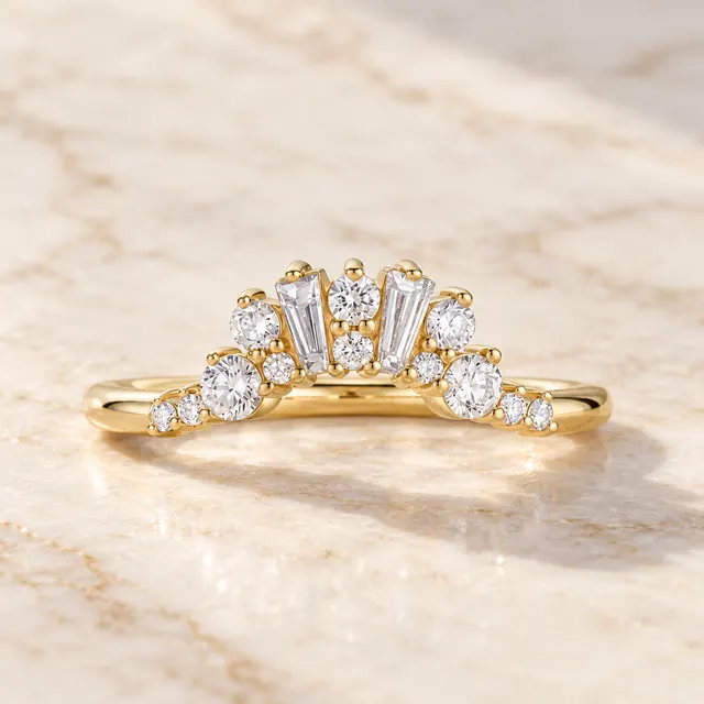 Art Deco Diamond Wedding Band Baguette & Round Cluster 14K Yellow Gold Lab Grown Diamonds