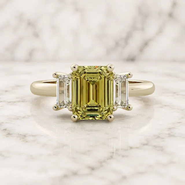 Yellow Emerald Cut Lab Sapphire Engagement Ring Three Stone Basket 14K Yellow Gold  Baguette Diamond Accents