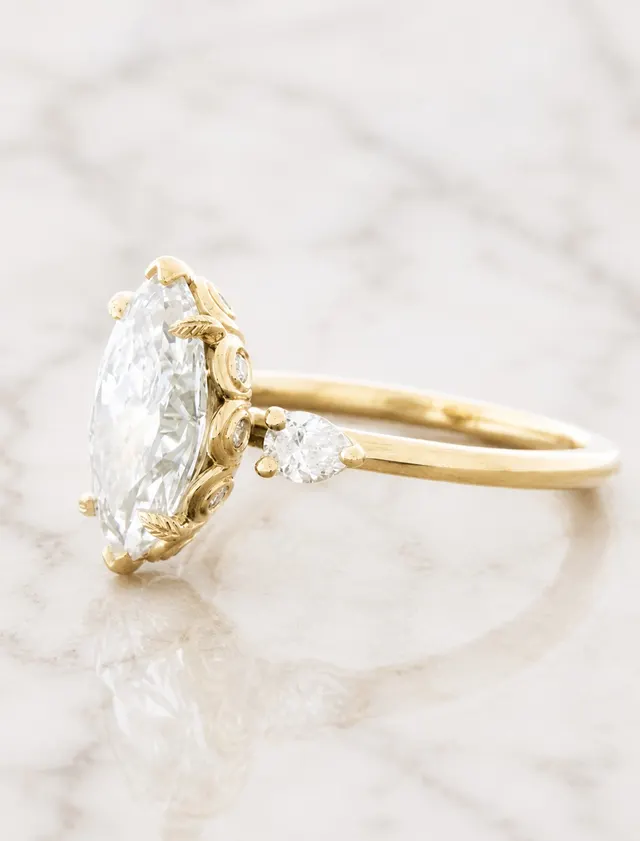 Marquise Lab Grown Diamond Engagement Ring Three Stone Pear 14K Yellow Gold 2 Carat, IGI Certified - alternate view