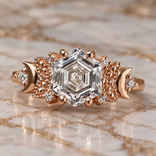 Hexagon Step Cut Lab Grown Diamond Engagement Ring Vintage Milgrain 14K Rose Gold Crescent Moon Accents