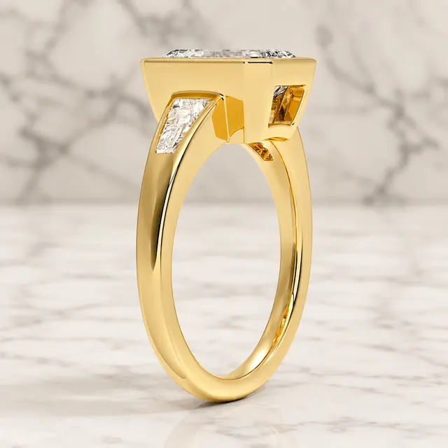 Emerald Cut Lab Grown Diamond Engagement Ring Three Stone Bezel 14K Yellow Gold Tapered Baguette Setting - alternate view