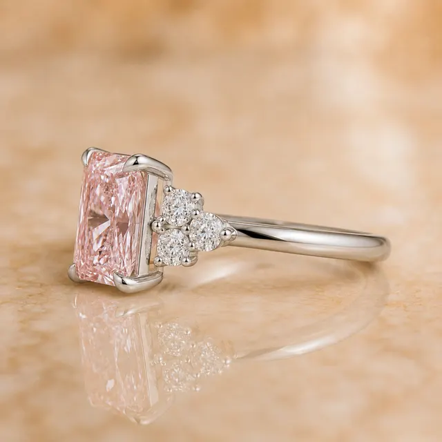 Fancy Vivid Pink Radiant Lab Grown Diamond Engagement Ring Three Stone 18K White Gold  IGI Certified 3.30 Carat - alternate view