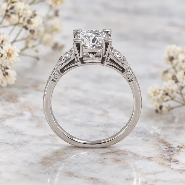 Round Lab Grown Diamond Engagement Ring Art Deco Three Stone 14K Gold E VVS2 - alternate view