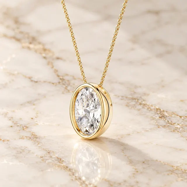 Oval Lab Grown Diamond Pendant Necklace Bezel Set 14K Gold IGI Certified Diamond Charm - alternate view
