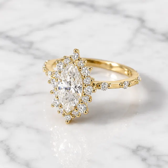 Marquise Lab Grown Diamond Engagement Ring  Vintage Alternating Halo Solid Gold E VVS2 Accent Diamonds - alternate view