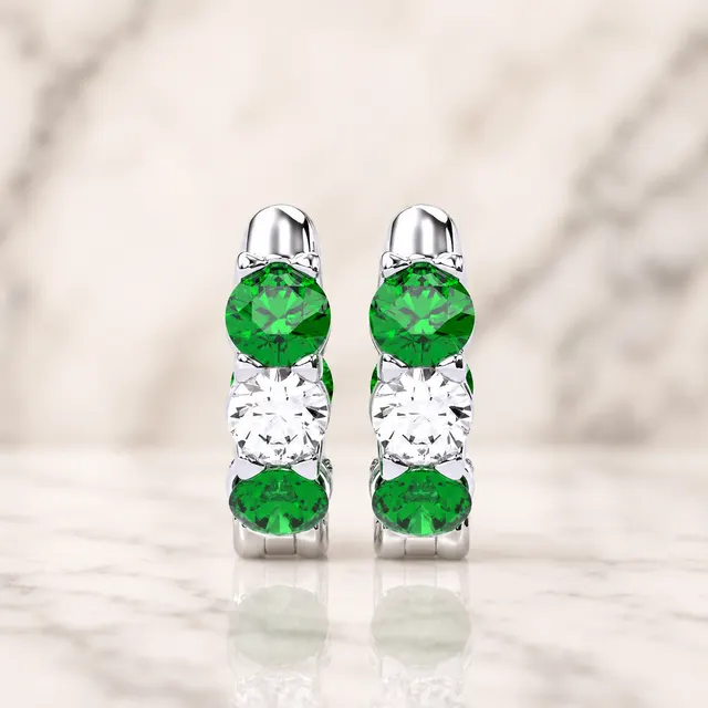 Round Lab Grown Diamond Huggie Hoop Earrings Created Emerald 14K White Gold IGI Certified 2ct