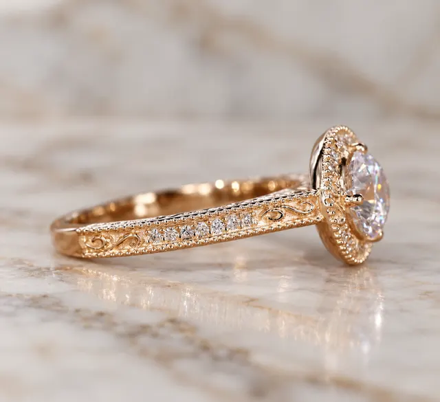 Round Lab Grown Diamond Engagement Ring Vintage Halo 14K Yellow Gold IGI Certified E VVS2 - alternate view