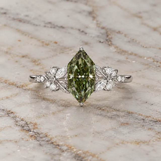 Green Marquise Lab Grown Diamond Engagement Ring Set Nature-Inspired Leaf 14K White Gold IGI Certified
