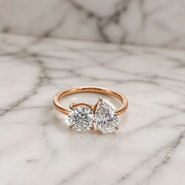 Round & Pear Lab Grown Diamond Toi et Moi Ring Two Stone 14K Rose Gold 2 Carat E VVS2