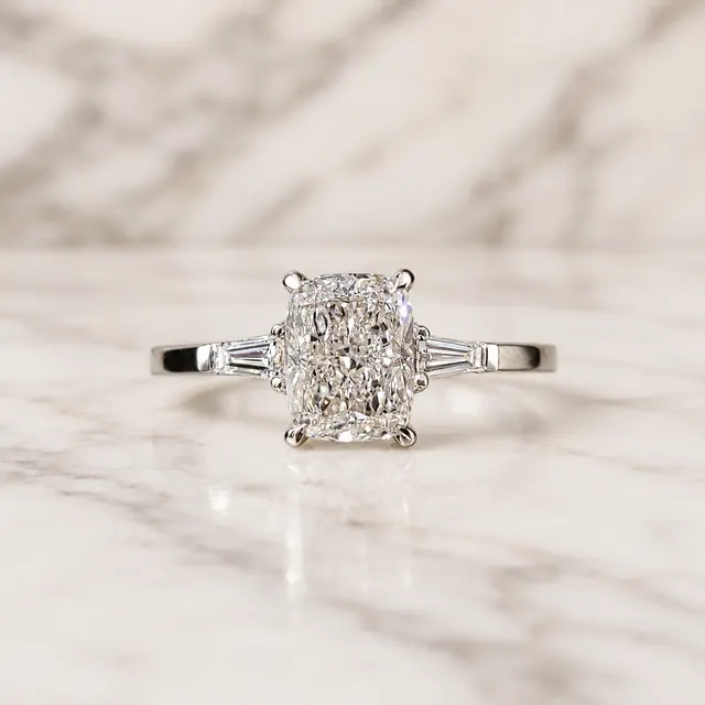 Cushion Lab Grown Diamond Engagement Ring Three Stone 14K White Gold Tapered Baguette 2 Carat