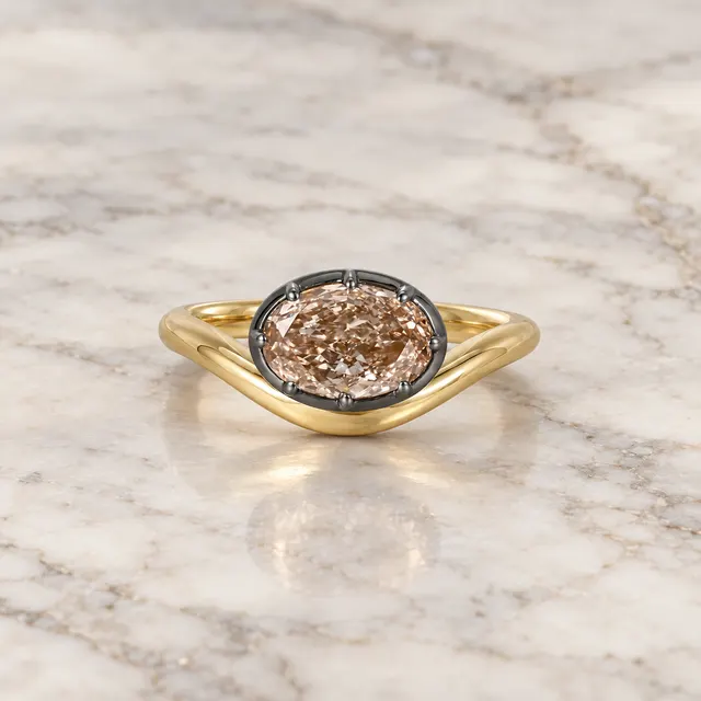 Pink Oval Lab Grown Diamond Engagement Ring East-West Bezel-Prong 14K Yellow Gold IGI Certified