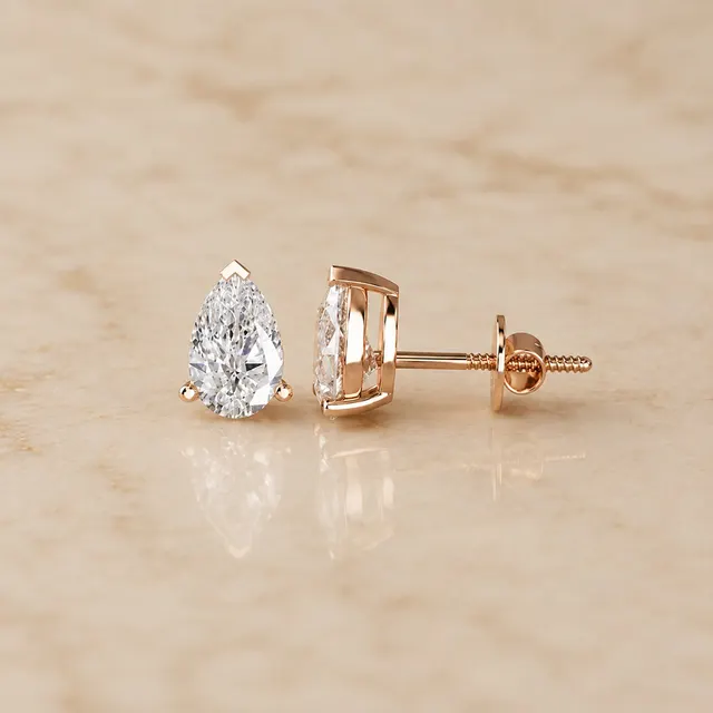Pear Lab Grown Diamond Stud Earrings Three Prong 14K Rose Gold IGI Certified 2 Carat - alternate view