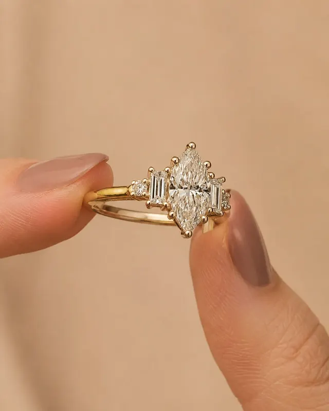 Marquise Lab Grown Diamond Engagement Ring Five Stone 14K Yellow Gold Baguette & Round Sides, IGI Certified - alternate view