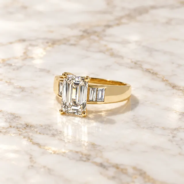 Emerald Cut Lab Grown Diamond Engagement Ring, Baguette Side Stones, 14K Yellow Gold Tapered Band - alternate view