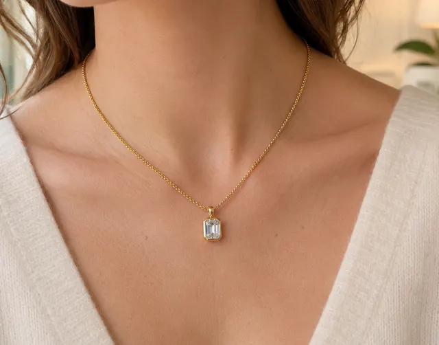 Emerald Cut Lab Grown Diamond Bezel Pendant Necklace – Solitaire 14K Yellow Gold – Curb Chain - alternate view