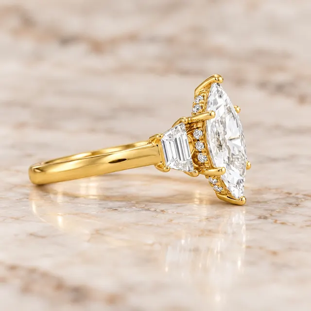 Marquise Lab Grown Diamond Engagement Ring Three Stone 14K Gold IGI Certified E/VVS2 - alternate view