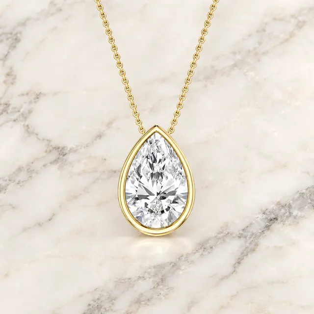 Pear Lab Grown Diamond Bezel Pendant Necklace, 14K Gold, IGI Certified