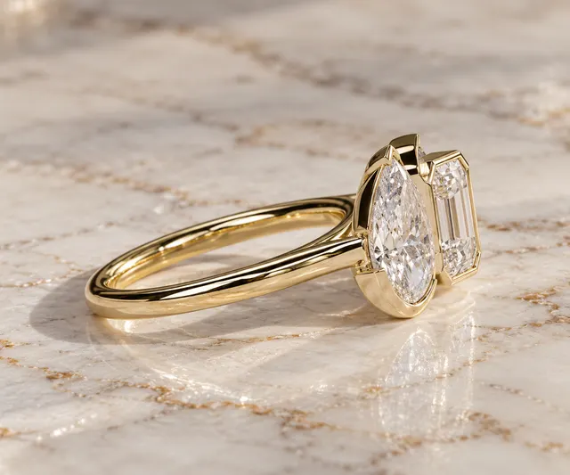 Pear & Emerald Cut Lab Grown Diamond Engagement Ring Toi et Moi 14K Yellow Gold Bezel Cathedral Setting - alternate view